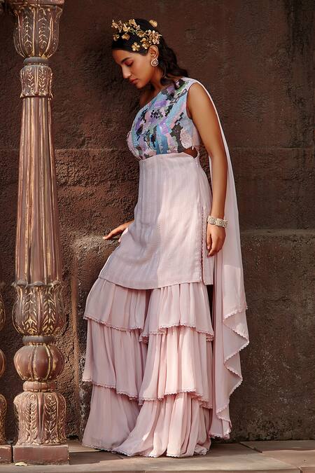 Shweta Aggarwal Pink Crepe, Self And Sequin & Embroidered Tunic Sharara Set Online at Aza Fashions Shweta Aggarwal_Pink Crepe, Self And Sequin & Embroidered Tunic Sharara Set _Online_at_Aza_Fashions