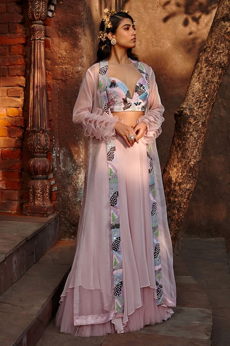 Peach long sleeves cape and lehenga skirt set available only at Pernia's  Pop Up Shop. 2024