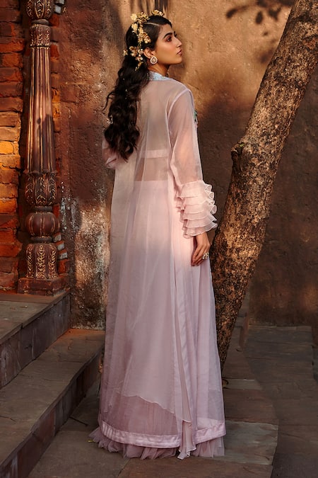 Shop Shweta Aggarwal Pink Georgette And Organza, Upada Silk Sequin & Embroidered Cape & Lehenga Set at Aza Fashions Shop_Shweta Aggarwal_Pink Georgette And Organza, Upada Silk Sequin & Embroidered Cape & Lehenga Set _at_Aza_Fashions