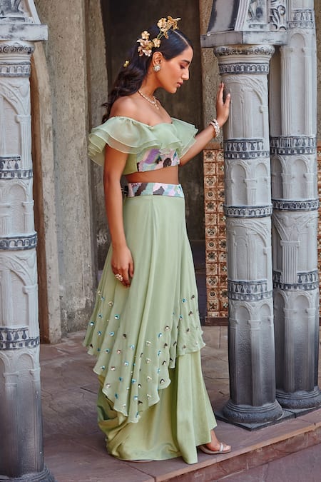 Shweta Aggarwal_Green Organza, Cotton Satin, Upada Silk And Embroidered Off Top & Draped Skirt _Online_at_Aza_Fashions