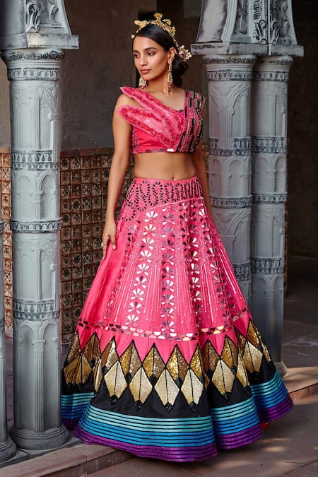 Shop Shweta Aggarwal Pink Mysore And Net, Pure Raw Cutdana, Bead & Embroidered Lehenga Set at Aza Fashions Shop_Shweta Aggarwal_Pink Mysore And Net, Pure Raw Cutdana, Bead & Embroidered Lehenga Set _at_Aza_Fashions