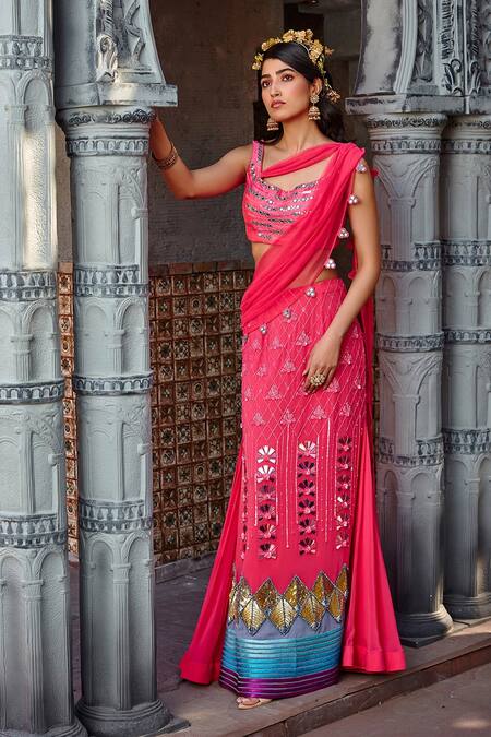Shweta Aggarwal Pink Georgette, Pure Raw Silk And Net Embroidered Pre-draped Saree With Blouse Online at Aza Fashions Shweta Aggarwal_Pink Georgette, Pure Raw Silk And Net Embroidered Pre-draped Saree With Blouse _Online_at_Aza_Fashions