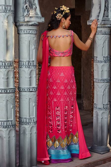 Shop Shweta Aggarwal Pink Georgette, Pure Raw Silk And Net Embroidered Pre-draped Saree With Blouse at Aza Fashions Shop_Shweta Aggarwal_Pink Georgette, Pure Raw Silk And Net Embroidered Pre-draped Saree With Blouse _at_Aza_Fashions