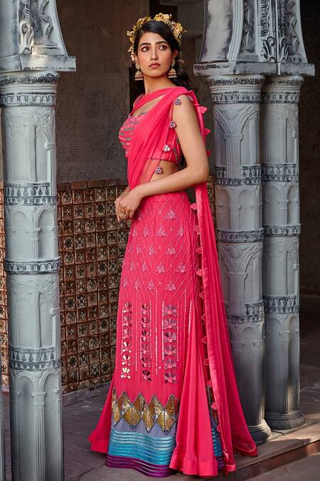 Buy Shweta Aggarwal Pink Georgette, Pure Raw Silk And Net Embroidered Pre-draped Saree With Blouse Online at Aza Fashions Buy_Shweta Aggarwal_Pink Georgette, Pure Raw Silk And Net Embroidered Pre-draped Saree With Blouse _Online_at_Aza_Fashions