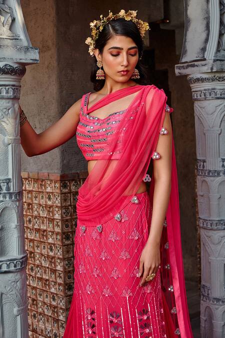 Shweta Aggarwal Pink Georgette, Pure Raw Silk And Net Embroidered Pre-draped Saree With Blouse at Aza Fashions Shweta Aggarwal_Pink Georgette, Pure Raw Silk And Net Embroidered Pre-draped Saree With Blouse _at_Aza_Fashions