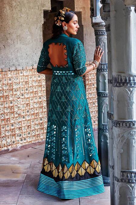 Shop Shweta Aggarwal Green Pure Raw Silk And Viscose Satin Lycra Embroidered Anarkali With Trousers at Aza Fashions Shop_Shweta Aggarwal_Green Pure Raw Silk And Viscose Satin Lycra Embroidered Anarkali With Trousers _at_Aza_Fashions