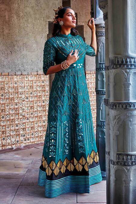 Shweta Aggarwal Green Pure Raw Silk And Viscose Satin Lycra Embroidered Anarkali With Trousers Online at Aza Fashions Shweta Aggarwal_Green Pure Raw Silk And Viscose Satin Lycra Embroidered Anarkali With Trousers _Online_at_Aza_Fashions