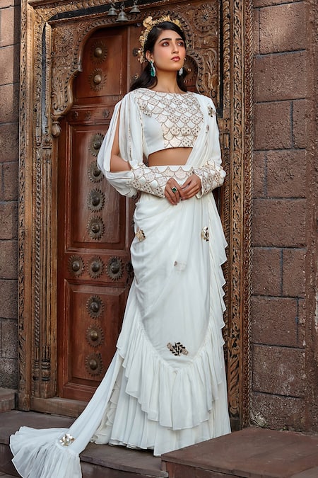 Shweta Aggarwal White Upada Silk And Georgette Thread & Cutdana Embroidered Blouse & Sharara Set 
