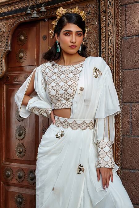 Buy_Shweta Aggarwal_White Upada Silk And Georgette Thread & Cutdana Embroidered Blouse & Sharara Set _Online_at_Aza_Fashions