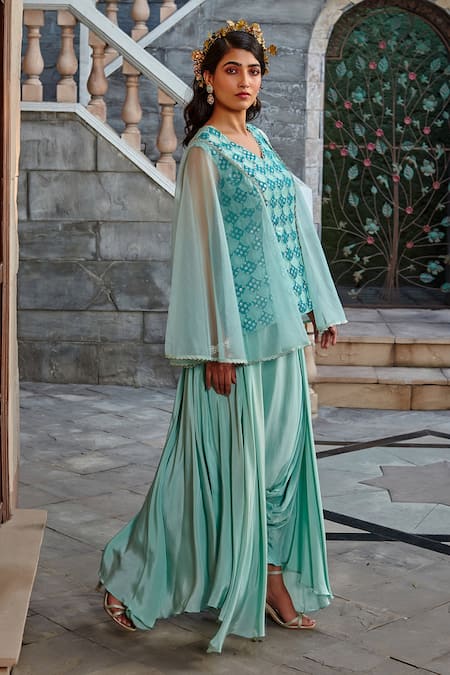 Shweta Aggarwal_Blue Organza, Natural Crepe And Upada Silk Embroidered Tunic & Low Crotch Pant Set _Online_at_Aza_Fashions