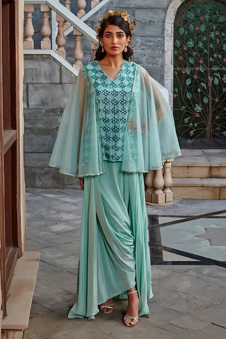 Buy_Shweta Aggarwal_Blue Organza, Natural Crepe And Upada Silk Embroidered Tunic & Low Crotch Pant Set _Online_at_Aza_Fashions