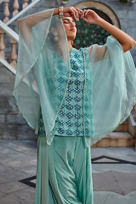 Shop_Shweta Aggarwal_Blue Organza, Natural Crepe And Upada Silk Embroidered Tunic & Low Crotch Pant Set _Online_at_Aza_Fashions