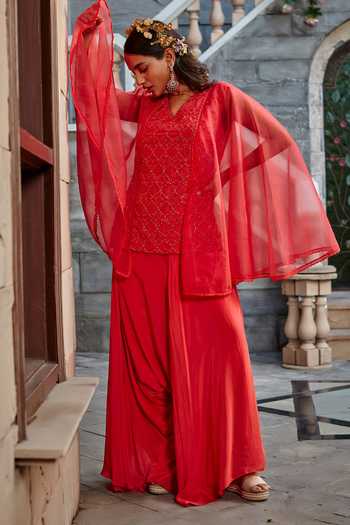 Shweta Aggarwal Red Organza, Crepe And Upada Silk Thread & Embroidered Tunic & Low Crotch Pant Set Online at Aza Fashions Shweta Aggarwal_Red Organza, Crepe And Upada Silk Thread & Embroidered Tunic & Low Crotch Pant Set _Online_at_Aza_Fashions
