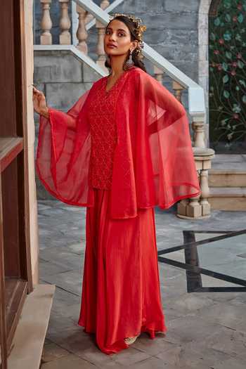 Buy Shweta Aggarwal Red Organza, Crepe And Upada Silk Thread & Embroidered Tunic & Low Crotch Pant Set Online at Aza Fashions Buy_Shweta Aggarwal_Red Organza, Crepe And Upada Silk Thread & Embroidered Tunic & Low Crotch Pant Set _Online_at_Aza_Fashions