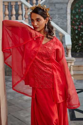 Shop Shweta Aggarwal Red Organza, Crepe And Upada Silk Thread & Embroidered Tunic & Low Crotch Pant Set Online at Aza Fashions Shop_Shweta Aggarwal_Red Organza, Crepe And Upada Silk Thread & Embroidered Tunic & Low Crotch Pant Set _Online_at_Aza_Fashions
