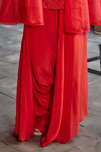 Shweta Aggarwal Red Organza, Crepe And Upada Silk Thread & Embroidered Tunic & Low Crotch Pant Set at Aza Fashions Shweta Aggarwal_Red Organza, Crepe And Upada Silk Thread & Embroidered Tunic & Low Crotch Pant Set _at_Aza_Fashions
