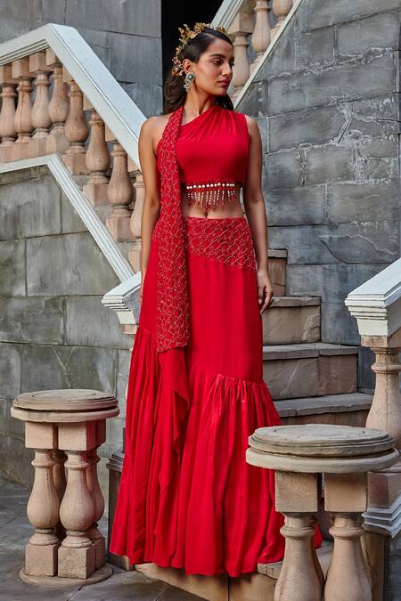 Shweta Aggarwal_Red Georgette Thread And Cutdana One Shoulder Embroidered Crop Top & Skirt Set _Online_at_Aza_Fashions