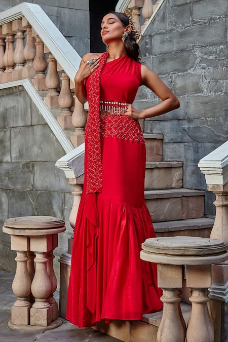 Buy_Shweta Aggarwal_Red Georgette Thread And Cutdana One Shoulder Embroidered Crop Top & Skirt Set _Online_at_Aza_Fashions