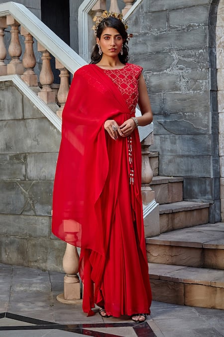 Shop Shweta Aggarwal Red Georgette Thread And Cutdana Round Embroidered Draped Gown at Aza Fashions Shop_Shweta Aggarwal_Red Georgette Thread And Cutdana Round Embroidered Draped Gown _at_Aza_Fashions