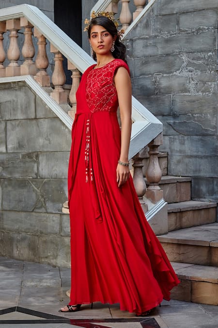 Shweta Aggarwal Red Georgette Thread And Cutdana Round Embroidered Draped Gown Online at Aza Fashions Shweta Aggarwal_Red Georgette Thread And Cutdana Round Embroidered Draped Gown _Online_at_Aza_Fashions