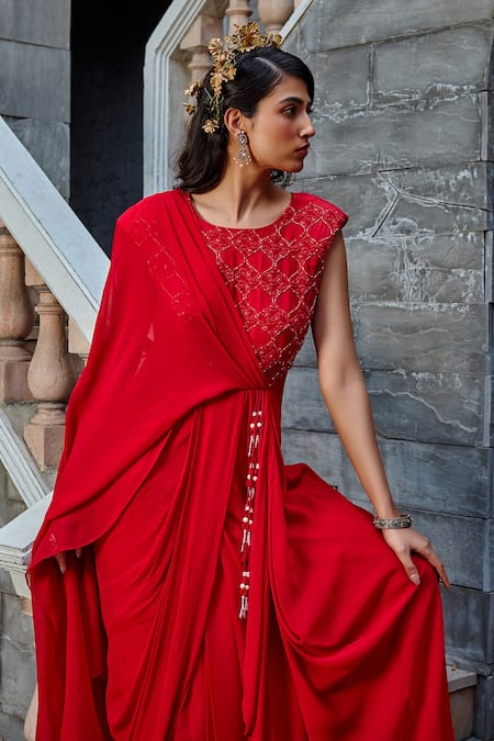 Buy Shweta Aggarwal Red Georgette Thread And Cutdana Round Embroidered Draped Gown Online at Aza Fashions Buy_Shweta Aggarwal_Red Georgette Thread And Cutdana Round Embroidered Draped Gown _Online_at_Aza_Fashions