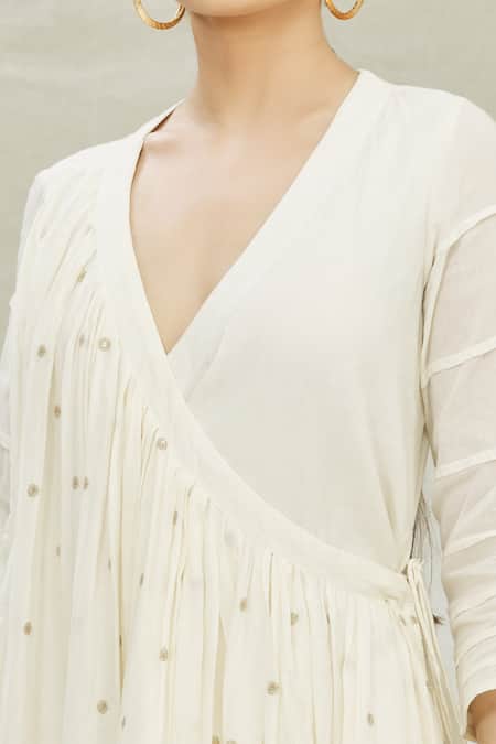 Shop Divya Kanakia White Cotton Sequins, Thread Work V Neck Embroidered Angrakha And Pant Set Online at Aza Fashions Shop_Divya Kanakia_White Cotton Sequins, Thread Work V Neck Embroidered Angrakha And Pant Set _Online_at_Aza_Fashions