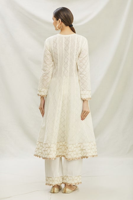 Shop_Divya Kanakia_White Cotton Floral, Geometric, Pearl, Sequin V Embroidered Angrakha Kurta Set _at_Aza_Fashions