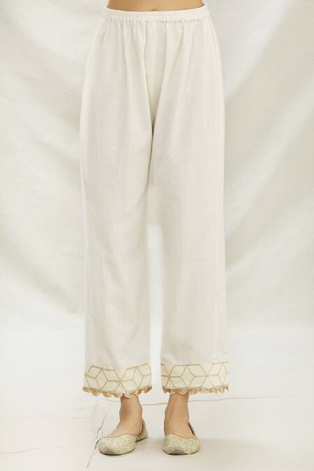 Divya Kanakia_White Cotton Floral, Geometric, Pearl, Sequin V Embroidered Angrakha Kurta Set _at_Aza_Fashions