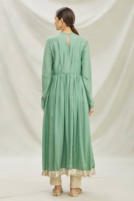 Shop_Divya Kanakia_Green Organza Floral Motifs, Zardozi Round Embroidered Anarkali With Dupatta _at_Aza_Fashions