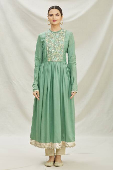 Shop_Divya Kanakia_Green Organza Floral Motifs, Zardozi Round Embroidered Anarkali With Dupatta _Online_at_Aza_Fashions