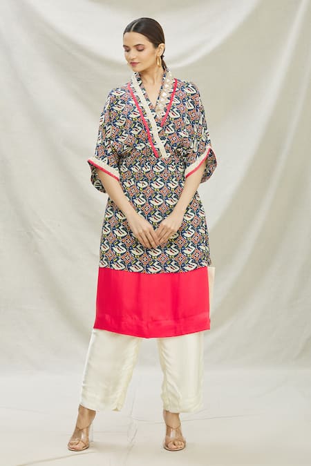 Divya Kanakia Blue Cotton Satin, Patola Mirror, Pearls, Sequin, Printed Kaftan And Pant Set 
