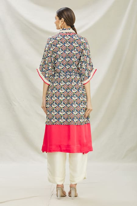 Shop_Divya Kanakia_Blue Cotton Satin, Patola Mirror, Pearls, Sequin, Printed Kaftan And Pant Set _at_Aza_Fashions