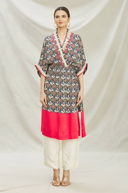 Divya Kanakia_Blue Cotton Satin, Patola Mirror, Pearls, Sequin, Printed Kaftan And Pant Set _Online_at_Aza_Fashions