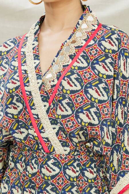 Shop_Divya Kanakia_Blue Cotton Satin, Patola Mirror, Pearls, Sequin, Printed Kaftan And Pant Set _Online_at_Aza_Fashions