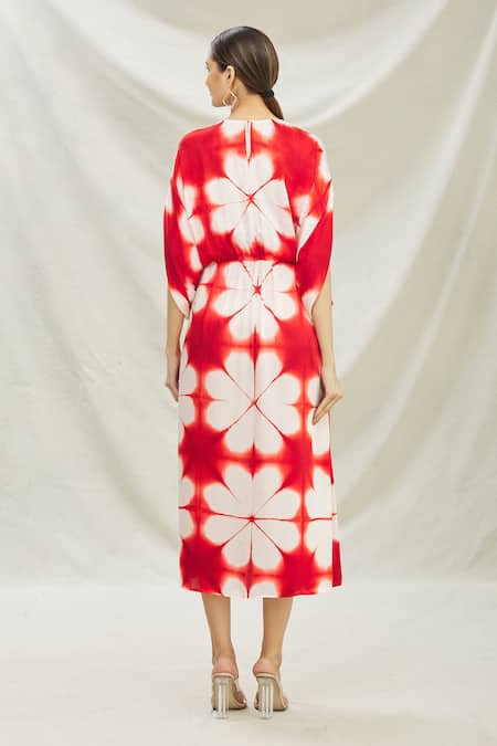 Shop_Divya Kanakia_White Pure Modal Satin Clamp Tie-dye Round Neck Dye Print Kaftan _at_Aza_Fashions