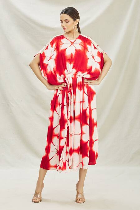 Buy_Divya Kanakia_White Pure Modal Satin Clamp Tie-dye Round Neck Dye Print Kaftan _Online_at_Aza_Fashions