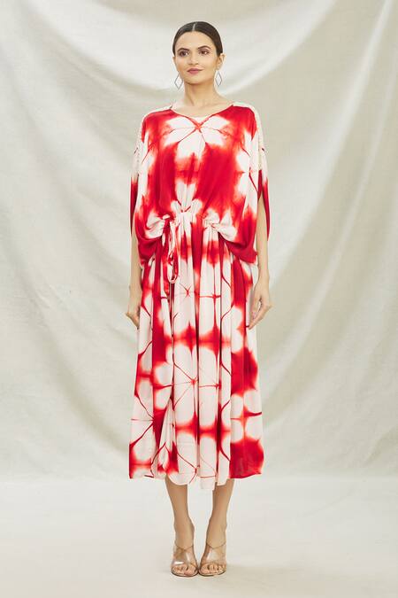 Shop_Divya Kanakia_White Pure Modal Satin Clamp Tie-dye Round Neck Dye Print Kaftan _Online_at_Aza_Fashions