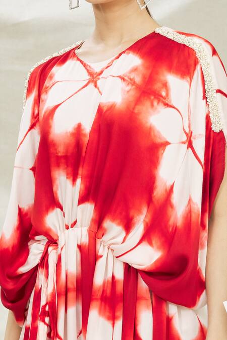 Divya Kanakia_White Pure Modal Satin Clamp Tie-dye Round Neck Dye Print Kaftan _at_Aza_Fashions