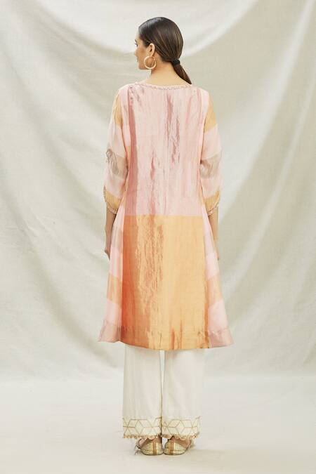 Shop Divya Kanakia Pink Tissue Round Neck Panelled Kurta Set at Aza Fashions Shop_Divya Kanakia_Pink Tissue Round Neck Panelled Kurta Set _at_Aza_Fashions