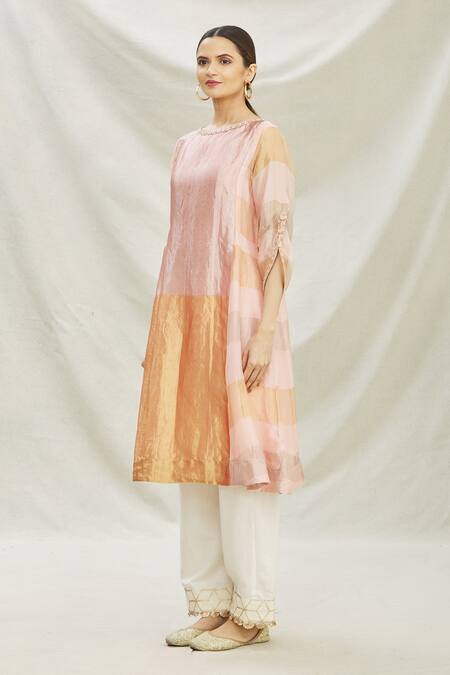Shop Divya Kanakia Pink Tissue Round Neck Panelled Kurta Set Online at Aza Fashions Shop_Divya Kanakia_Pink Tissue Round Neck Panelled Kurta Set _Online_at_Aza_Fashions