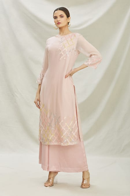Divya Kanakia Pink Organza Pearl, Sequin Round Neck Embroidered Kurta And Pant Set 