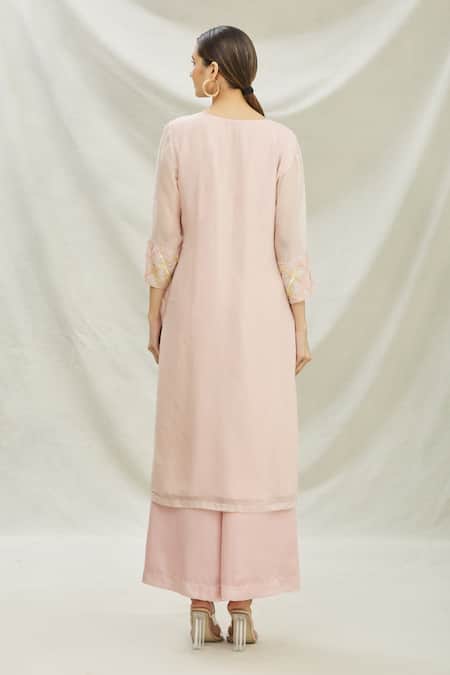 Shop Divya Kanakia Pink Organza Pearl, Sequin Round Neck Embroidered Kurta And Pant Set at Aza Fashions Shop_Divya Kanakia_Pink Organza Pearl, Sequin Round Neck Embroidered Kurta And Pant Set _at_Aza_Fashions