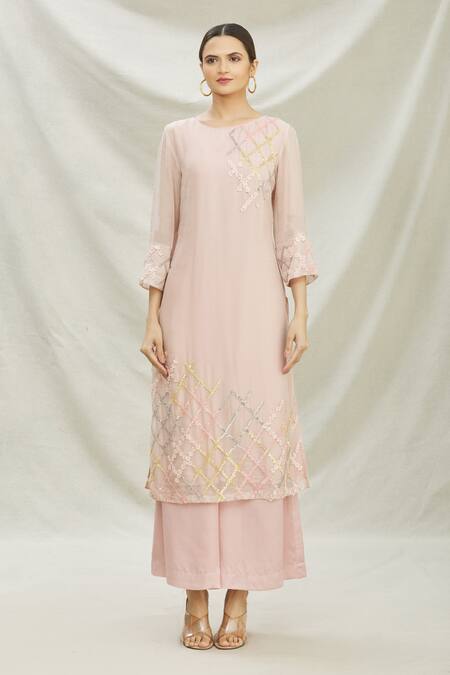 Divya Kanakia Pink Organza Pearl, Sequin Round Neck Embroidered Kurta And Pant Set Online at Aza Fashions Divya Kanakia_Pink Organza Pearl, Sequin Round Neck Embroidered Kurta And Pant Set _Online_at_Aza_Fashions