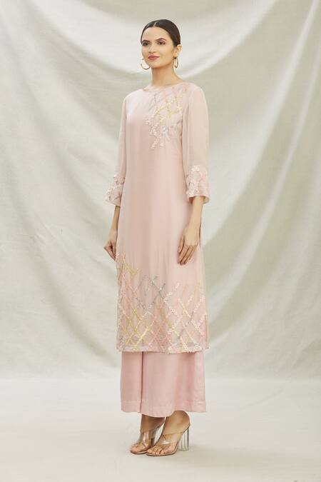 Buy Divya Kanakia Pink Organza Pearl, Sequin Round Neck Embroidered Kurta And Pant Set Online at Aza Fashions Buy_Divya Kanakia_Pink Organza Pearl, Sequin Round Neck Embroidered Kurta And Pant Set _Online_at_Aza_Fashions