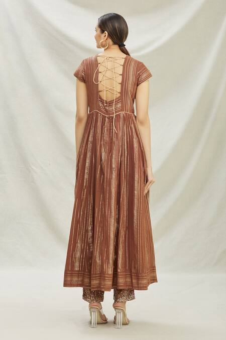 Shop_Divya Kanakia_Brown Cotton, Organza Floral Motifs, Sequin Round Neck Embellished Anarkali Set _at_Aza_Fashions