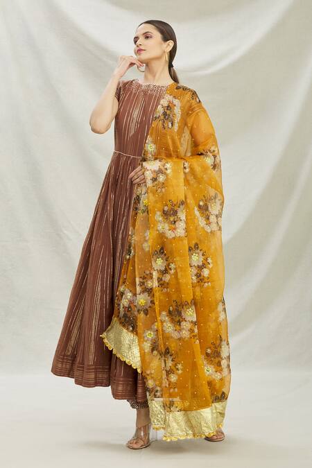 Buy_Divya Kanakia_Brown Cotton, Organza Floral Motifs, Sequin Round Neck Embellished Anarkali Set _Online_at_Aza_Fashions