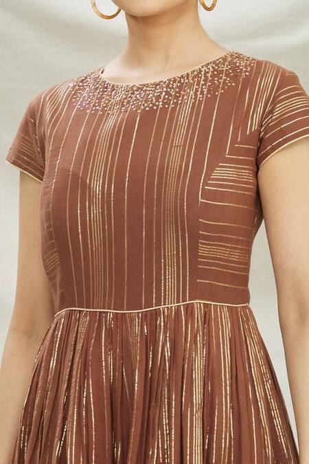 Shop_Divya Kanakia_Brown Cotton, Organza Floral Motifs, Sequin Round Neck Embellished Anarkali Set _Online_at_Aza_Fashions