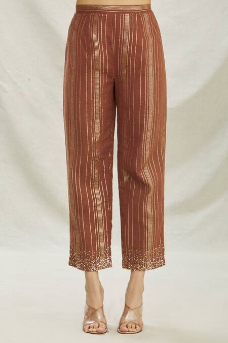 Divya Kanakia_Brown Cotton, Organza Floral Motifs, Sequin Round Neck Embellished Anarkali Set _at_Aza_Fashions