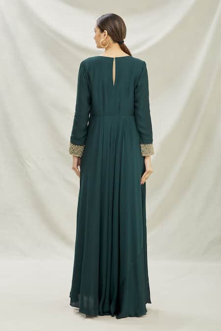 Shop_Divya Kanakia_Green Dupatta Patola Pearl, Patola, Zardozi Round Neck Anarkali With Print _at_Aza_Fashions