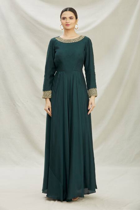 Shop_Divya Kanakia_Green Dupatta Patola Pearl, Patola, Zardozi Round Neck Anarkali With Print _Online_at_Aza_Fashions